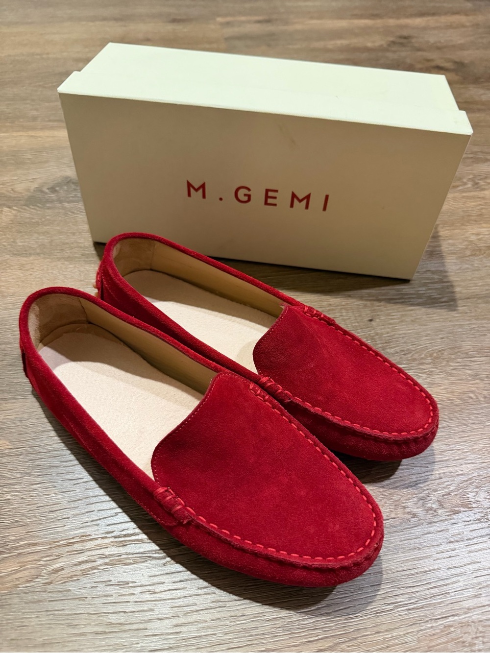 M. Gemi The Felize Sunset Red Suede Slip-On Driving Loafers Moccasins Size 9